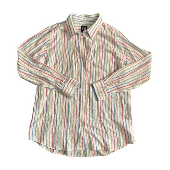 Beetroot Multi Stripe - GAP Women's Long Sleeve Relaxed Fit Linen Collared Butto - Picture 1 of 3
